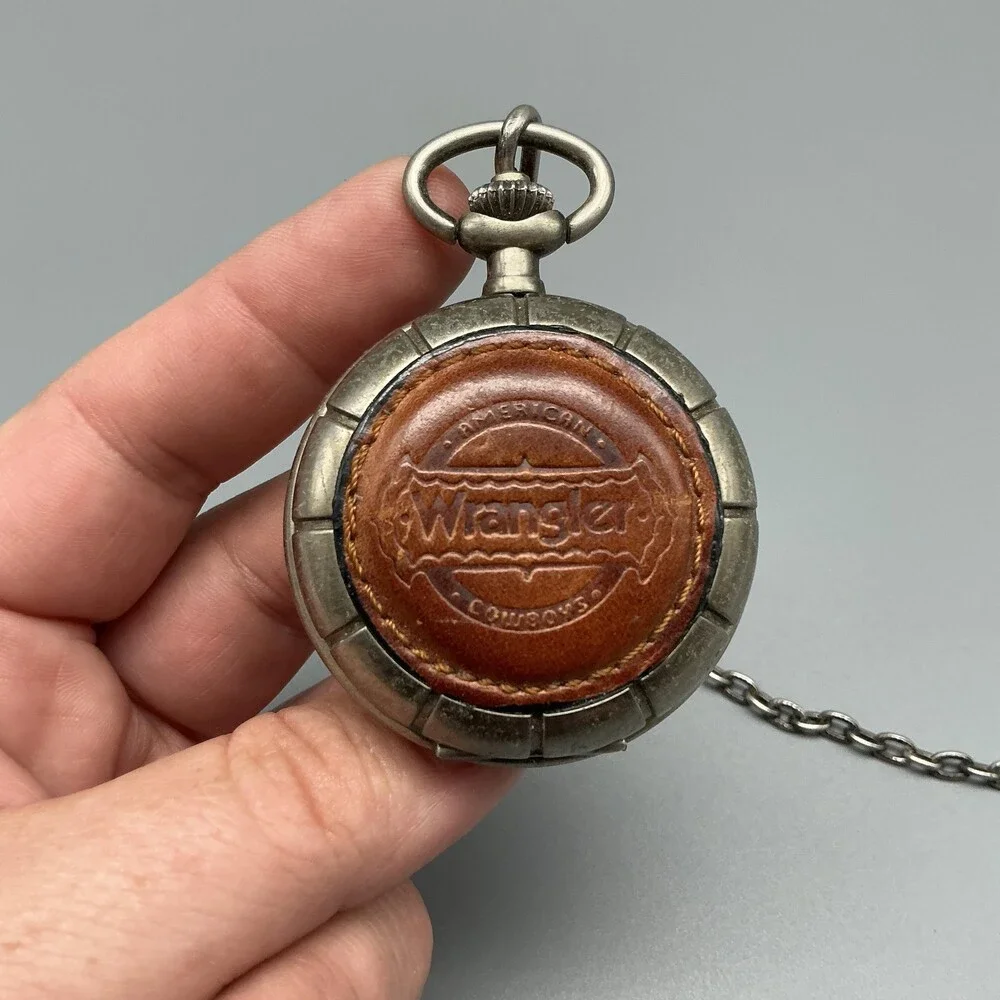 Vtg Wrangler Pocket Watch Men 45mm Silver Tone Leather Logo Chain New Battery